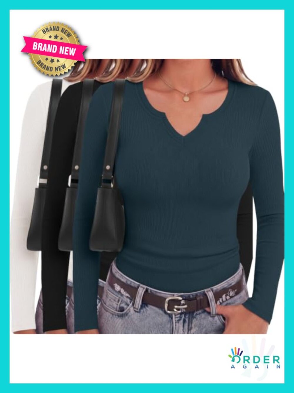 Rib Knit V-Neck Slim Fit Long Sleeve Tee Stretch Basic Top